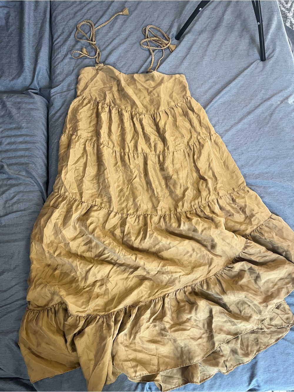 100% Silk Unsubscribes Tiered Maxi Sundress with Tie Straps in gold